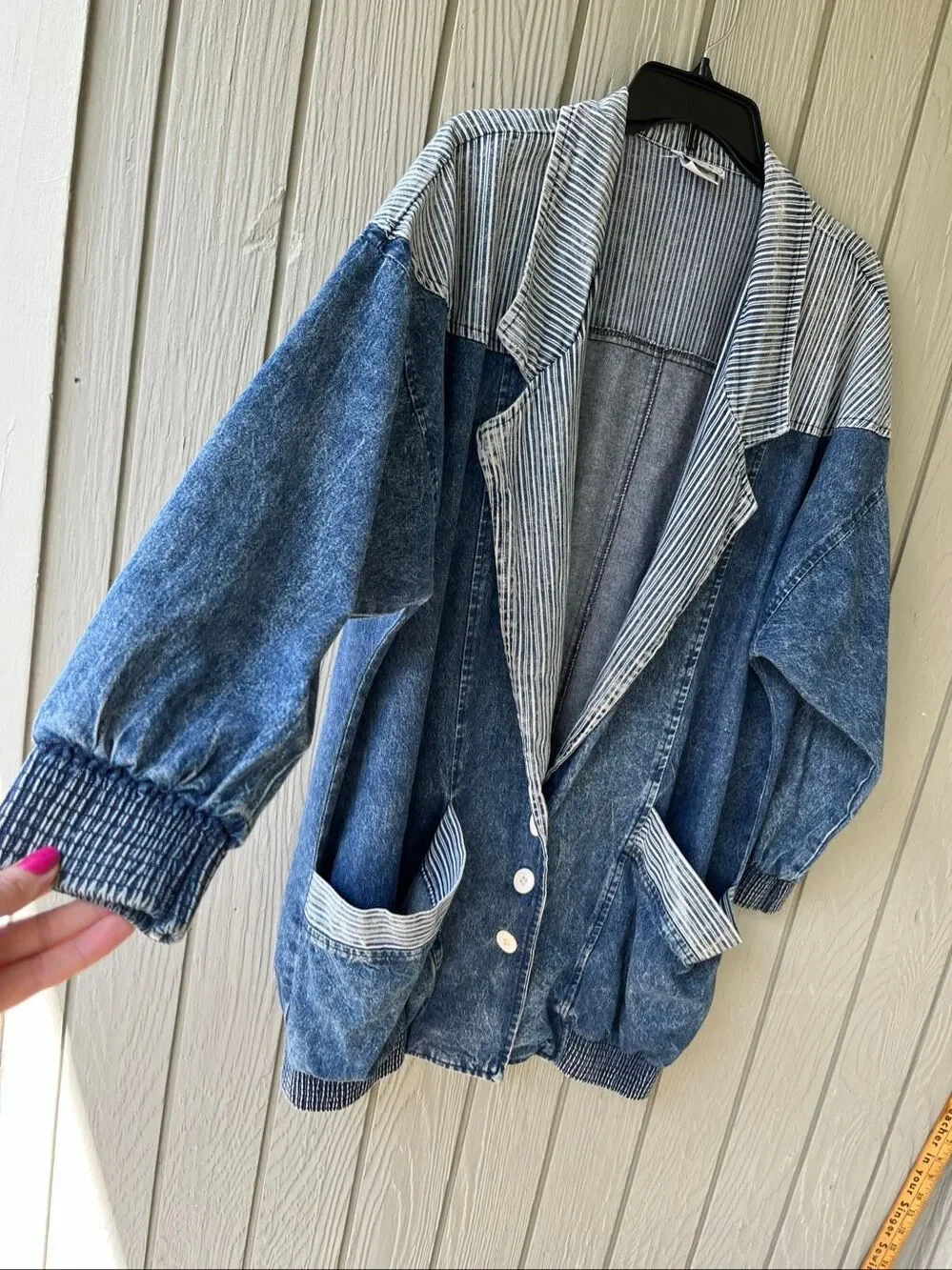 VTG 80s Denim Jacket M Railroad Stripe Oversized Slouchy Acid Wash USA